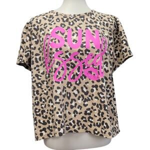 Hand Printed Upcycled Womens XL Sun Kissed Lips Leopard Print Short Sleeve Shirt